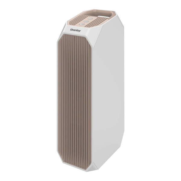 A white rectangular Danby air purifier with brown trim.