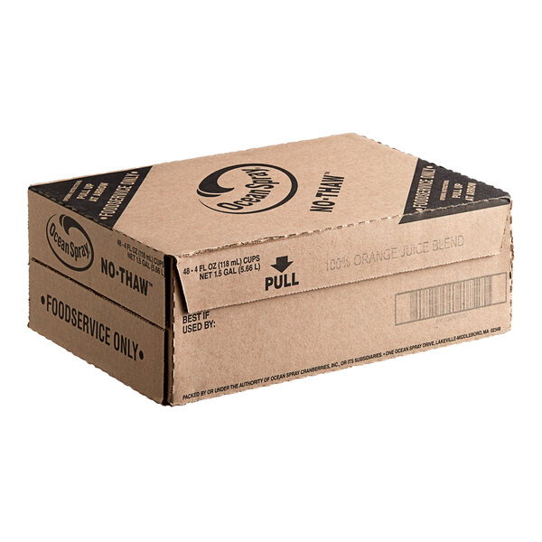 A brown cardboard box of Ocean Spray Orange Juice Blend 4 fl. oz. cups with black text on the label.