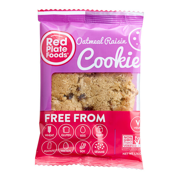 A package of Red Plate Foods Individually Wrapped Oatmeal Raisin Cookies.