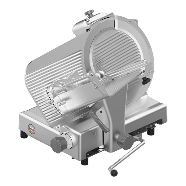 A Sirman automatic gravity feed meat slicer with a circular blade on a stand.