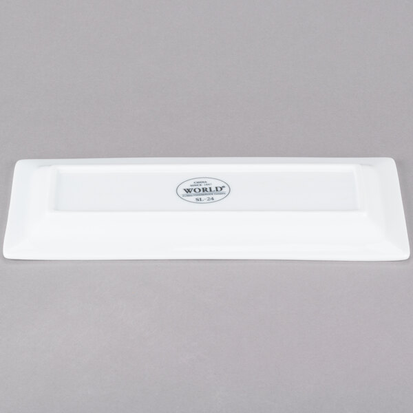 A white rectangular Libbey porcelain plate.