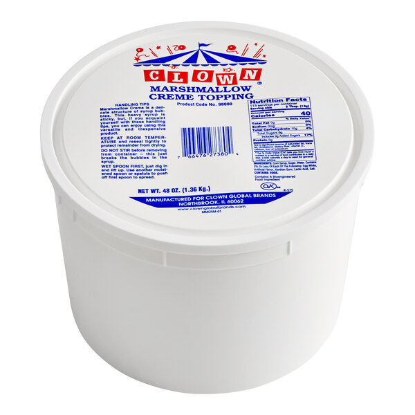 A white container of Clown Marshmallow Creme with a blue and red label.