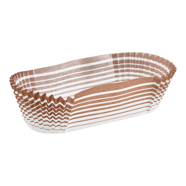 A white background with a brown Novacart paper baking cup with white stripes.