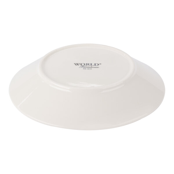 A round cream porcelain soup and salad bowl shown upside down.