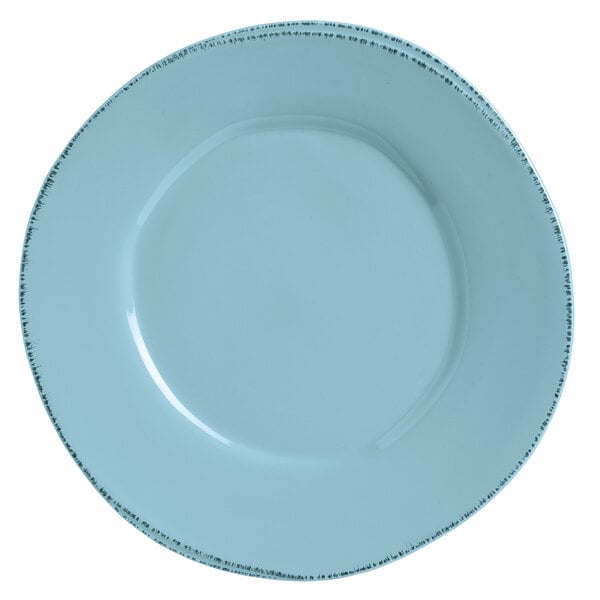 A white porcelain plate with a circular edge and a blue hen design.