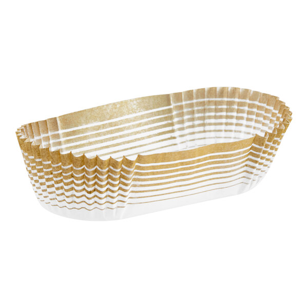 A stack of gold and white foil Novacart oval baking cups.