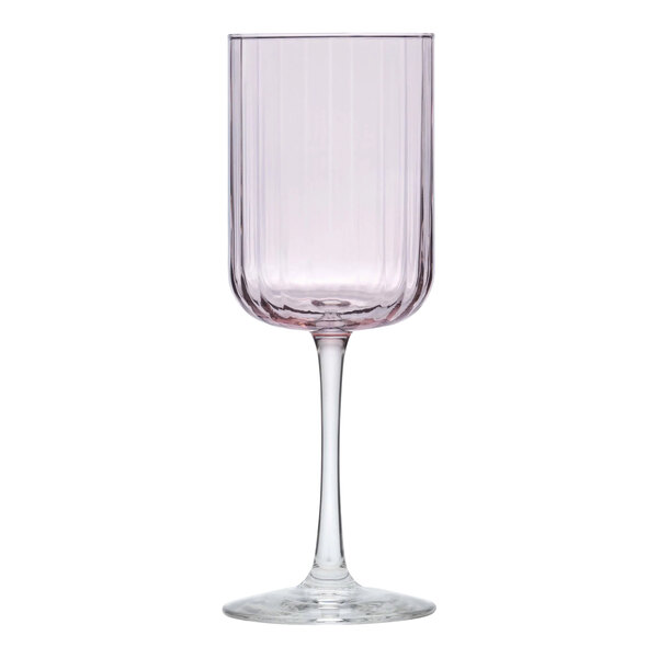 A close-up of a Libbey pink wine glass with a stem.