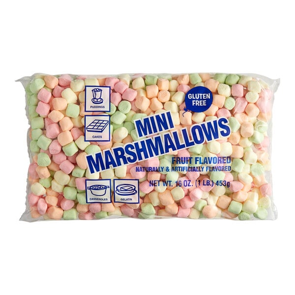 A blue bag of Clown Mini Fruit-Flavored Rainbow Marshmallows with different colored mini marshmallows inside.