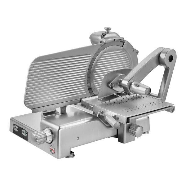 A silver Sirman meat slicer with a straight feed slicer.