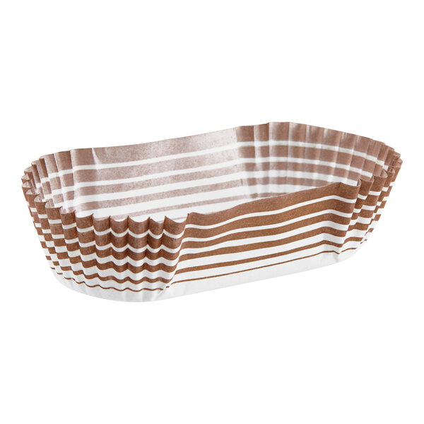 A brown and white striped Novacart oval baking cup.