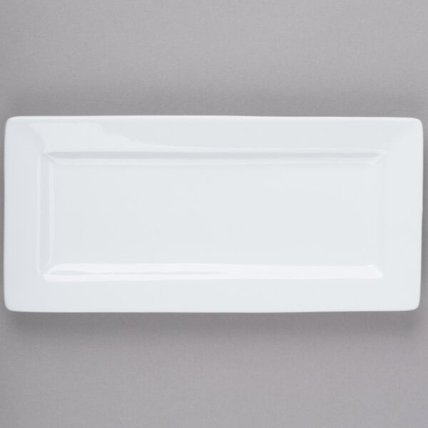 A white rectangular Libbey porcelain plate with a wide rim.