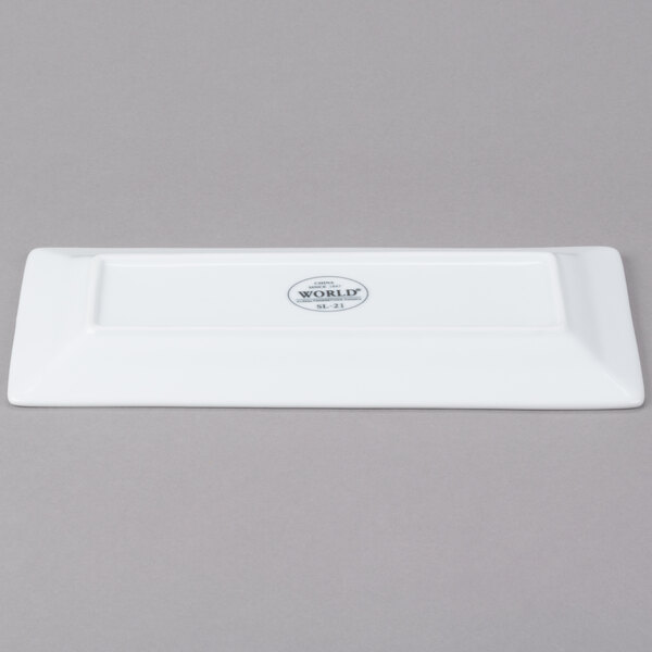 A white rectangular Libbey porcelain plate with a black logo.