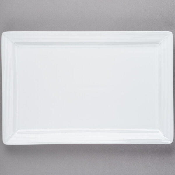 A white rectangular Libbey porcelain plate with a white rim.