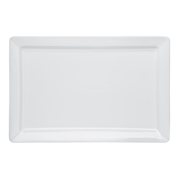 A rectangular white porcelain plate with an embossed wide rim.