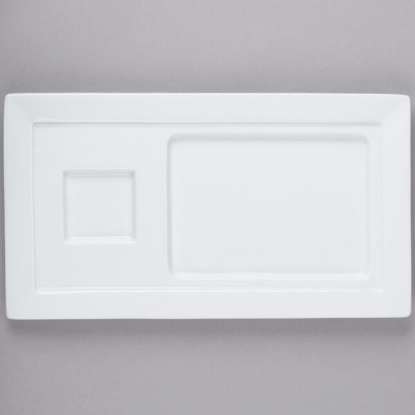A white rectangular tray with a wide white border.