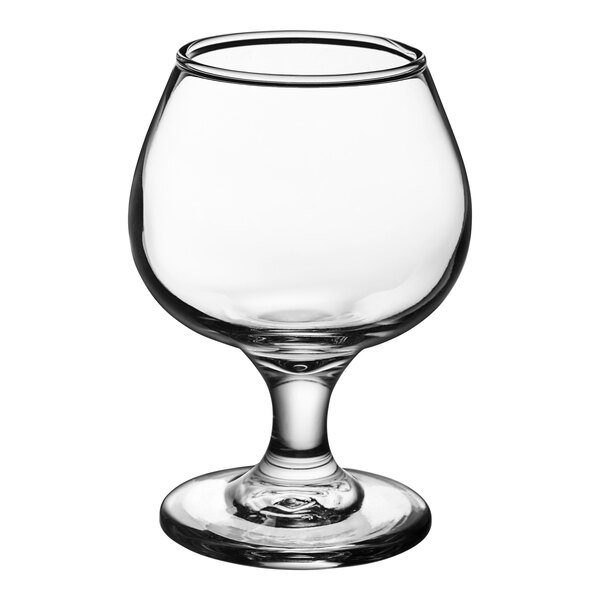 A clear Libbey brandy glass with a stem and a small base.