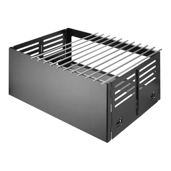 A black metal box with a metal grill on top.