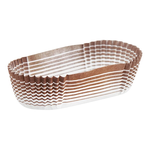 A white background with brown and white oval Novacart paper baking cups.