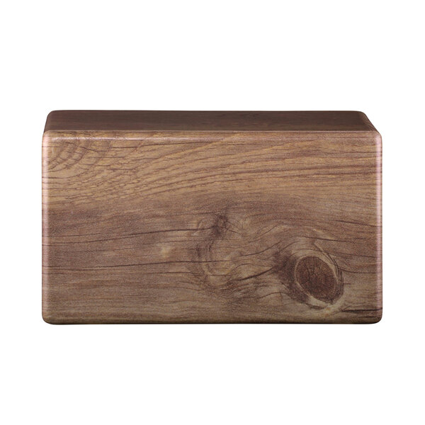 A rectangular modular faux walnut melamine riser with a wood grain design.