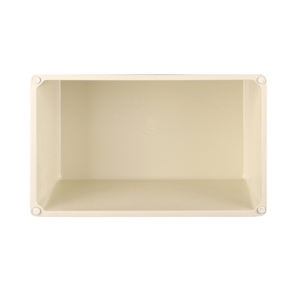 A rectangular faux walnut melamine display riser with a white background.