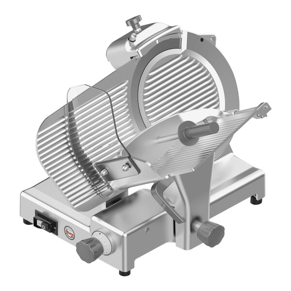A silver Sirman manual meat slicer with a blade on top.