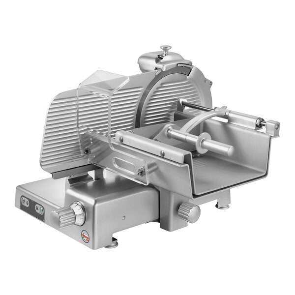 A Sirman heavy-duty manual meat slicer with a metal blade and a transparent cover.