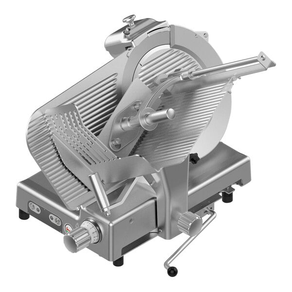 A silver Sirman meat slicer with a circular blade on top.