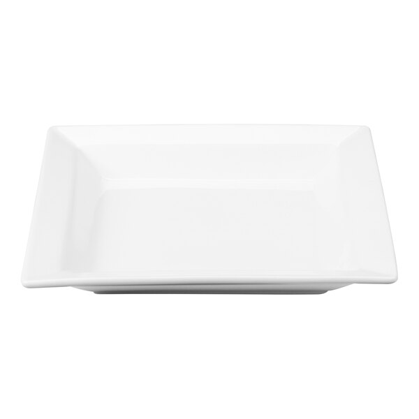 A white square porcelain soup bowl with a wide rim.
