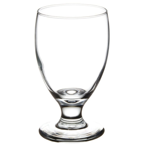 A close-up of a clear Libbey Banquet Goblet with a small rim and base.