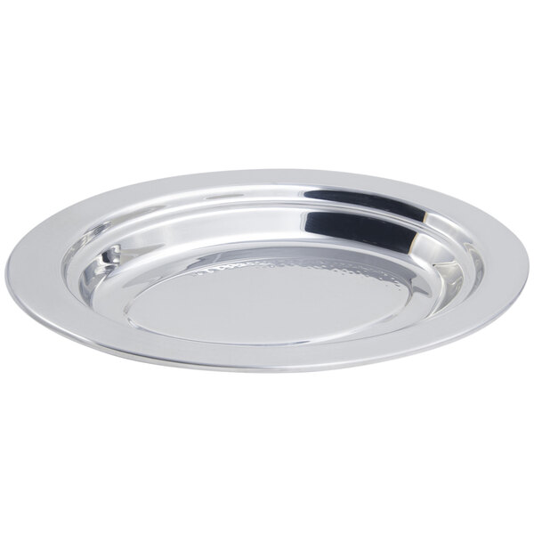 A Bon Chef stainless steel oval food pan with a hammered finish.