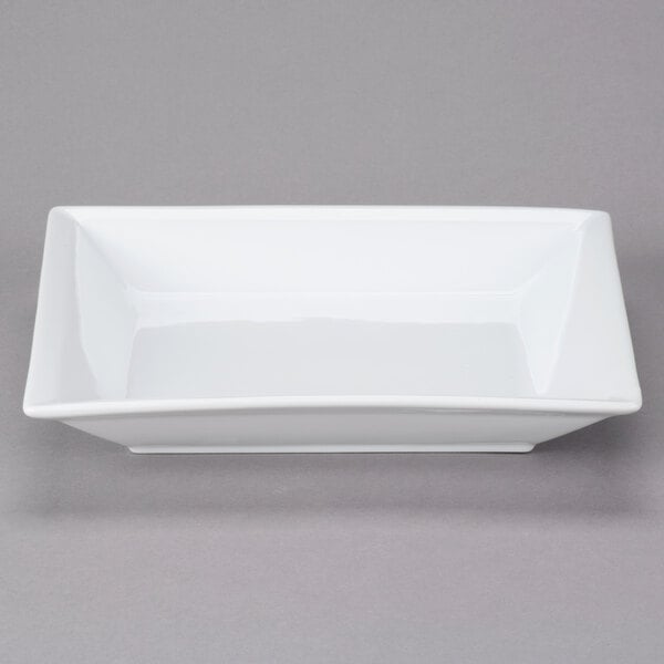 A white square Libbey porcelain pasta bowl with a wide rim.