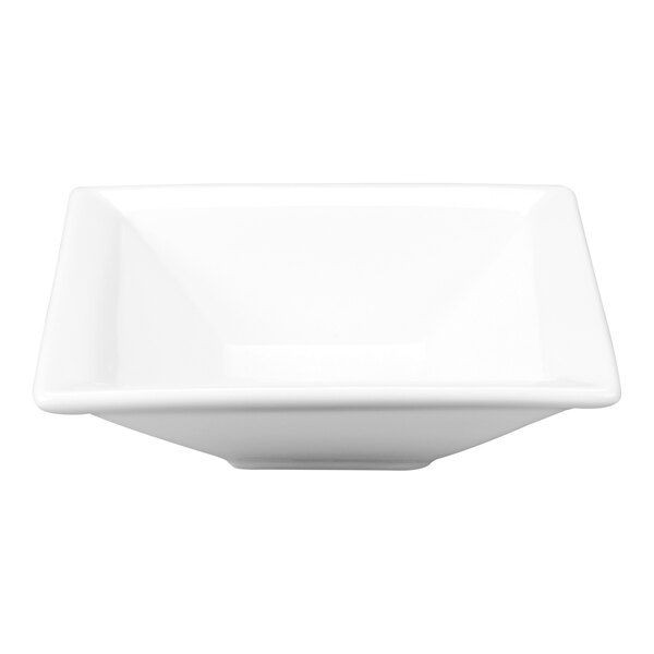 A white square porcelain fruit bowl with a wide rim.
