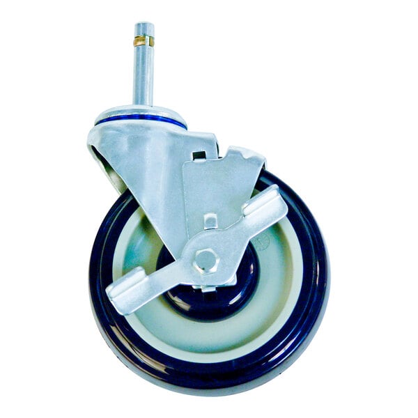 A metal swivel stem caster with a white polyurethane wheel.