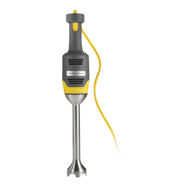 A Hamilton Beach Big Rig immersion blender with a yellow and grey cord.