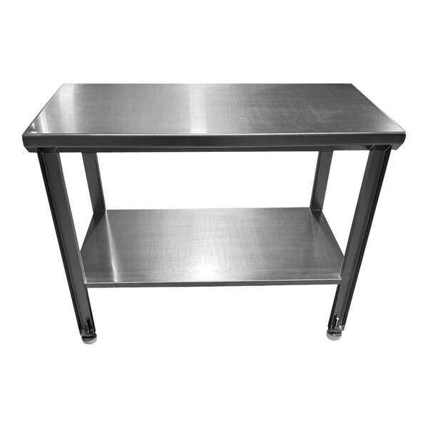 A SSL Industries stainless steel work table with undershelf.