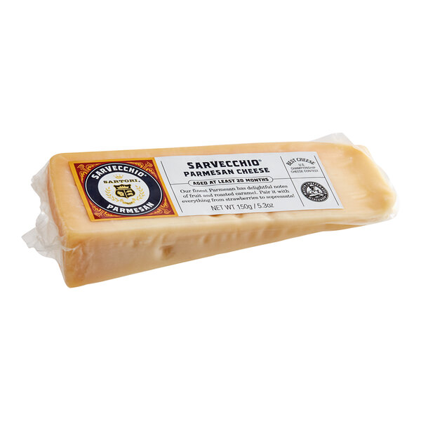 A Sartori SarVecchio Parmesan cheese wedge on a white background.