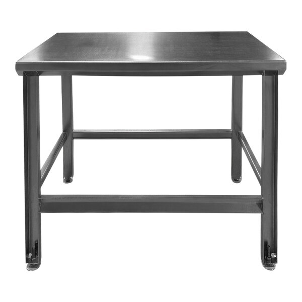 A metal table with adjustable foot pads.