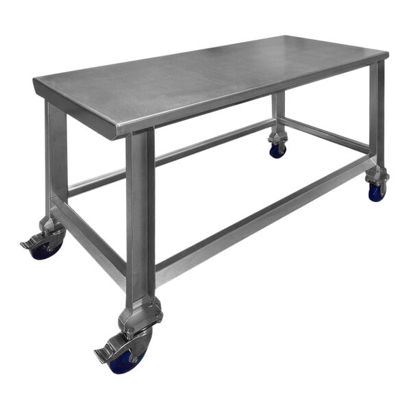 A SSL Industries stainless steel work table with casters.