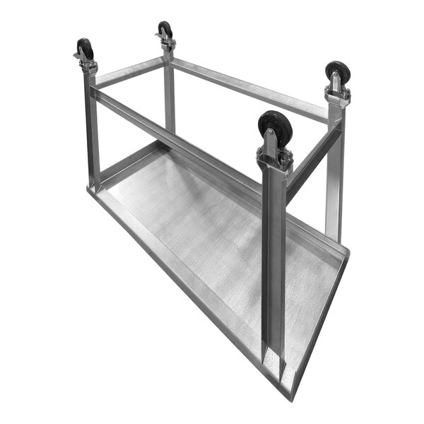 A stainless steel SSL Industries work table with casters.