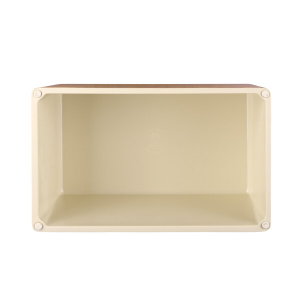 A white rectangular faux bamboo display riser.