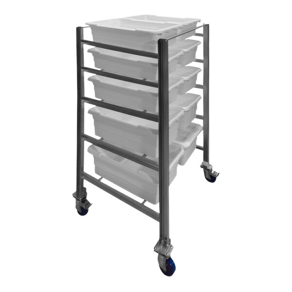 A stainless steel SSL Industries side-by-side tote cart with 10 lugs on wheels.