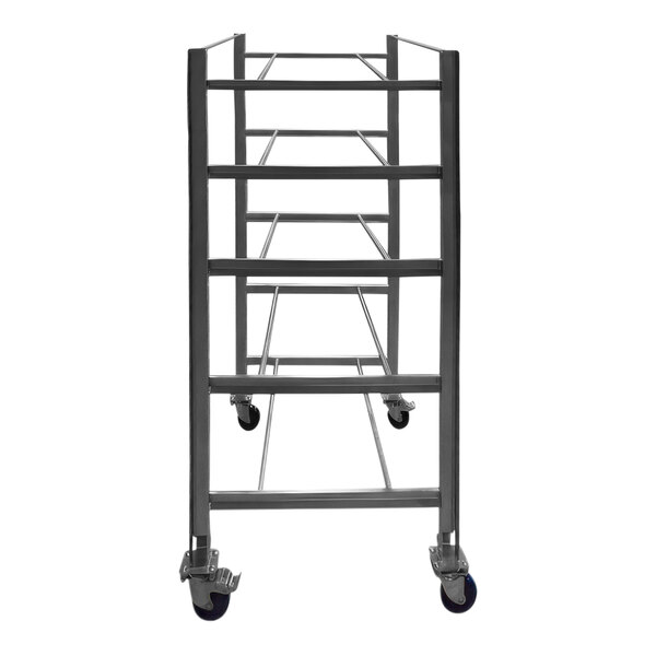 A stainless steel SSL Industries side-by-side tote cart with wheels.