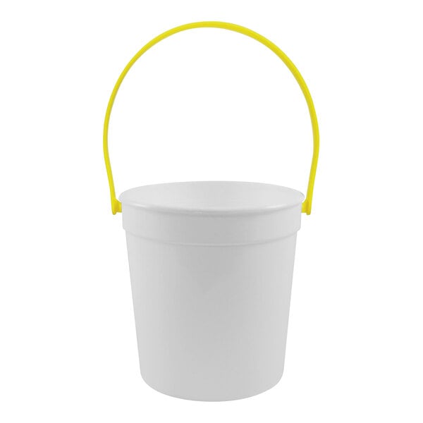 A white plastic drink bucket with a yellow handle.