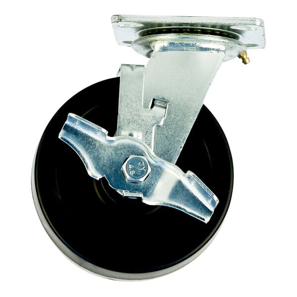 A New Age black metal swivel plate caster with a metal wheel and screw.