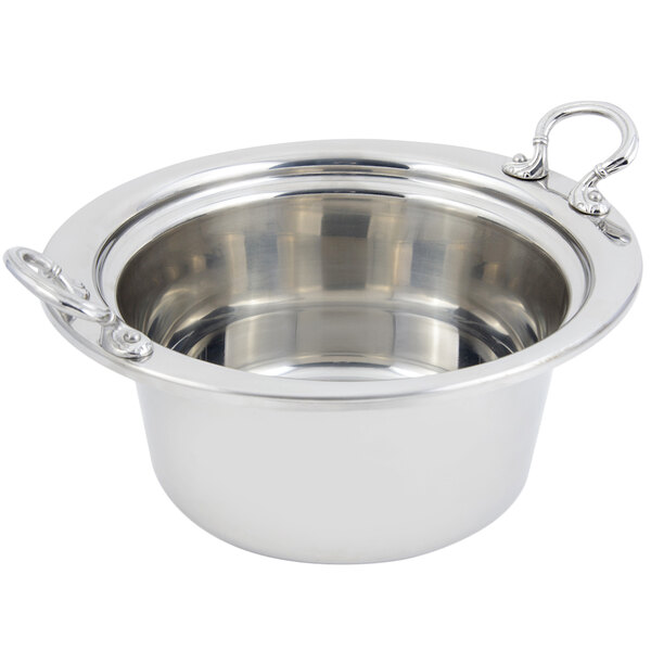 A stainless steel Bon Chef casserole food pan with round stainless steel handles.