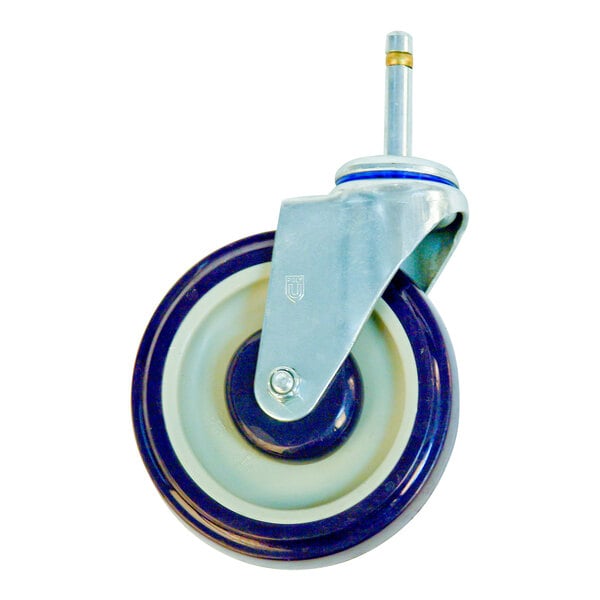 A blue and white polyurethane swivel caster wheel with a metal stem.