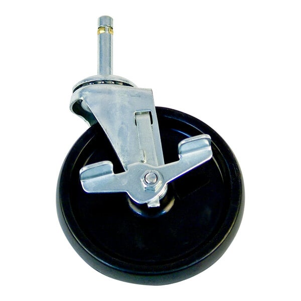 A black and silver New Age Polyolefin swivel caster wheel.