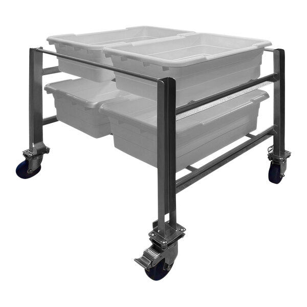 A stainless steel SSL Industries side-by-side tote cart with white bins on it.