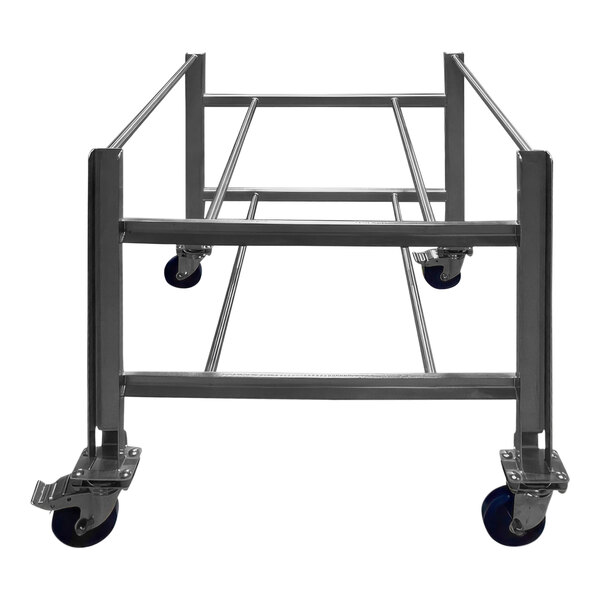A stainless steel SSL Industries side-by-side tote cart with wheels.