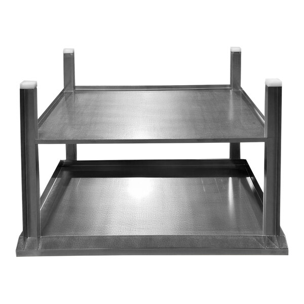 A stainless steel work table with undershelf.